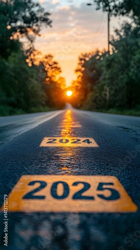 Road Marked with Years 2024 and 2025 at Sunset