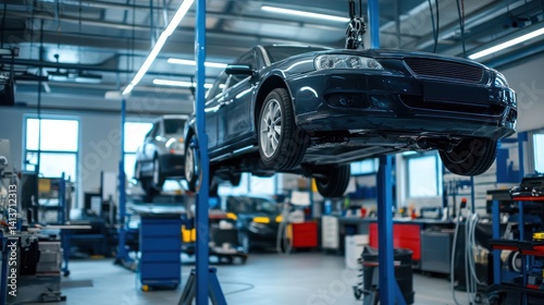 Car raised, auto repair shop, maintenance, vehicle inspection, blurred background