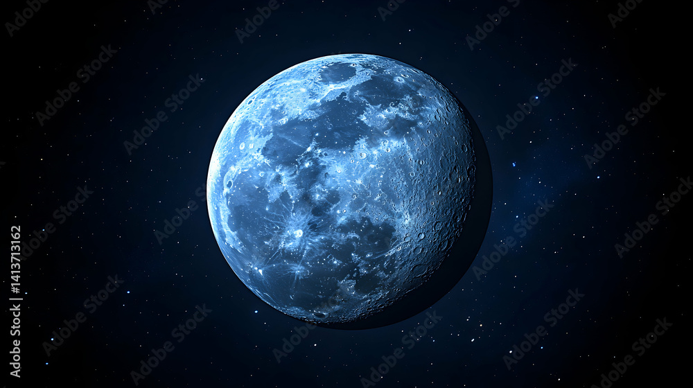 Fototapeta premium Stunning close-up of a blue moon against a backdrop of twinkling stars in the night sky. Perfect for astronomy, space, and celestial themes.