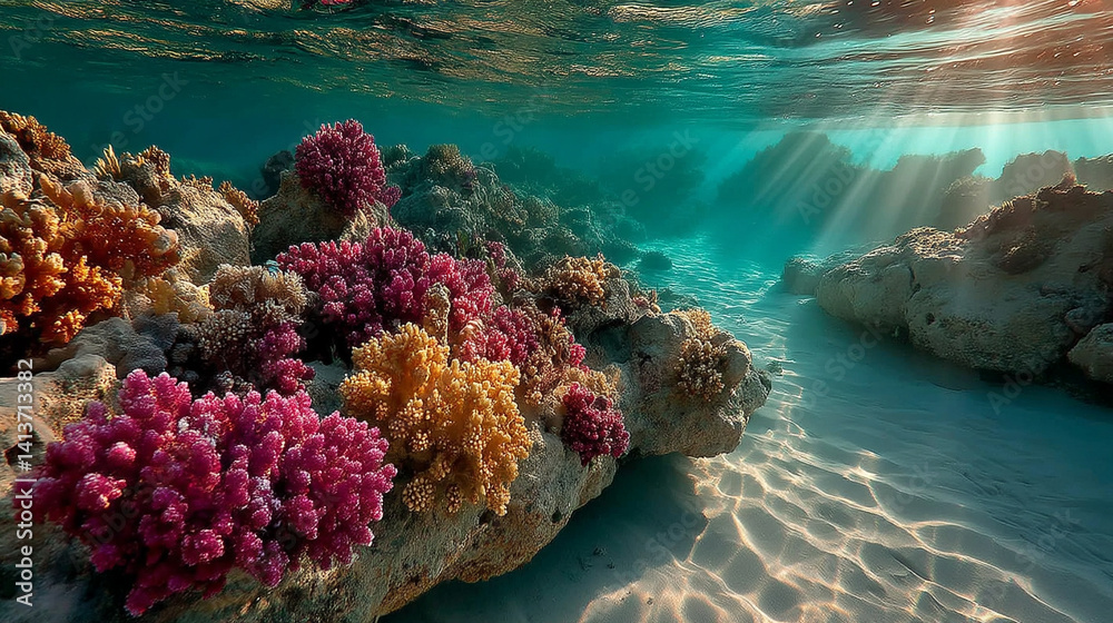 Naklejka premium Tranquil coral reefs in soft pastel colors glow under warm sunlight rays symbolizing the fragile beauty of marine life harmony peace and the urgent need for ocean conservation and balance