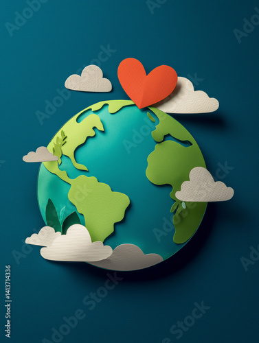 Paper Cutout Earth with Heart Shape on Blue Background photo