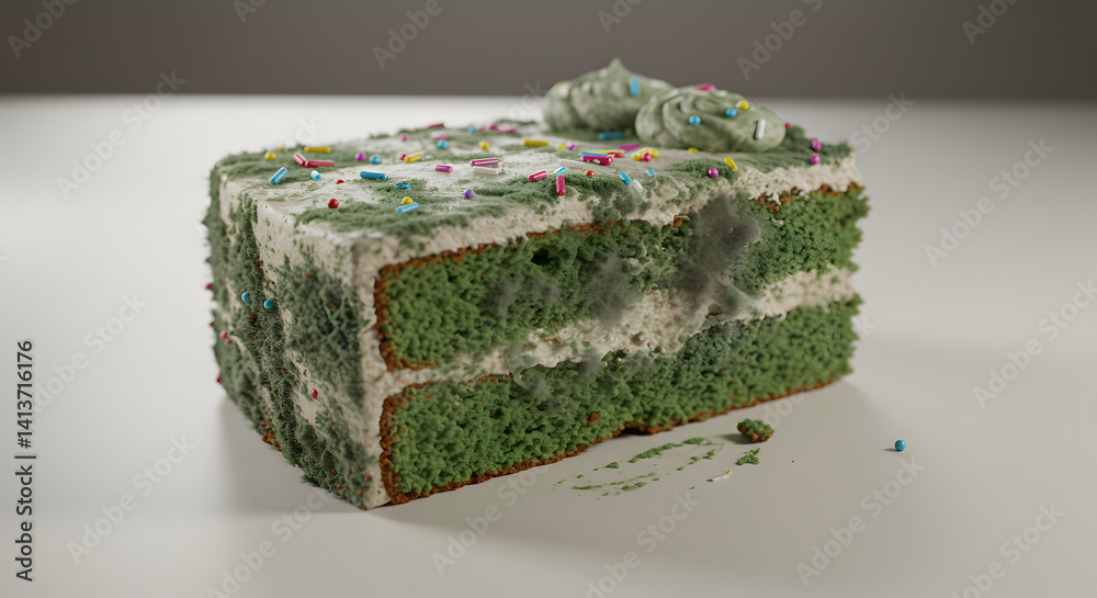 Obraz premium Stale Slice of Cake with Green Bread and Mold Growing on It