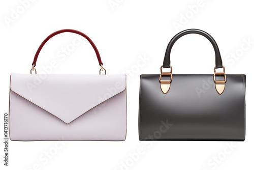 White and black leather women's handbags isolated on transparent background 