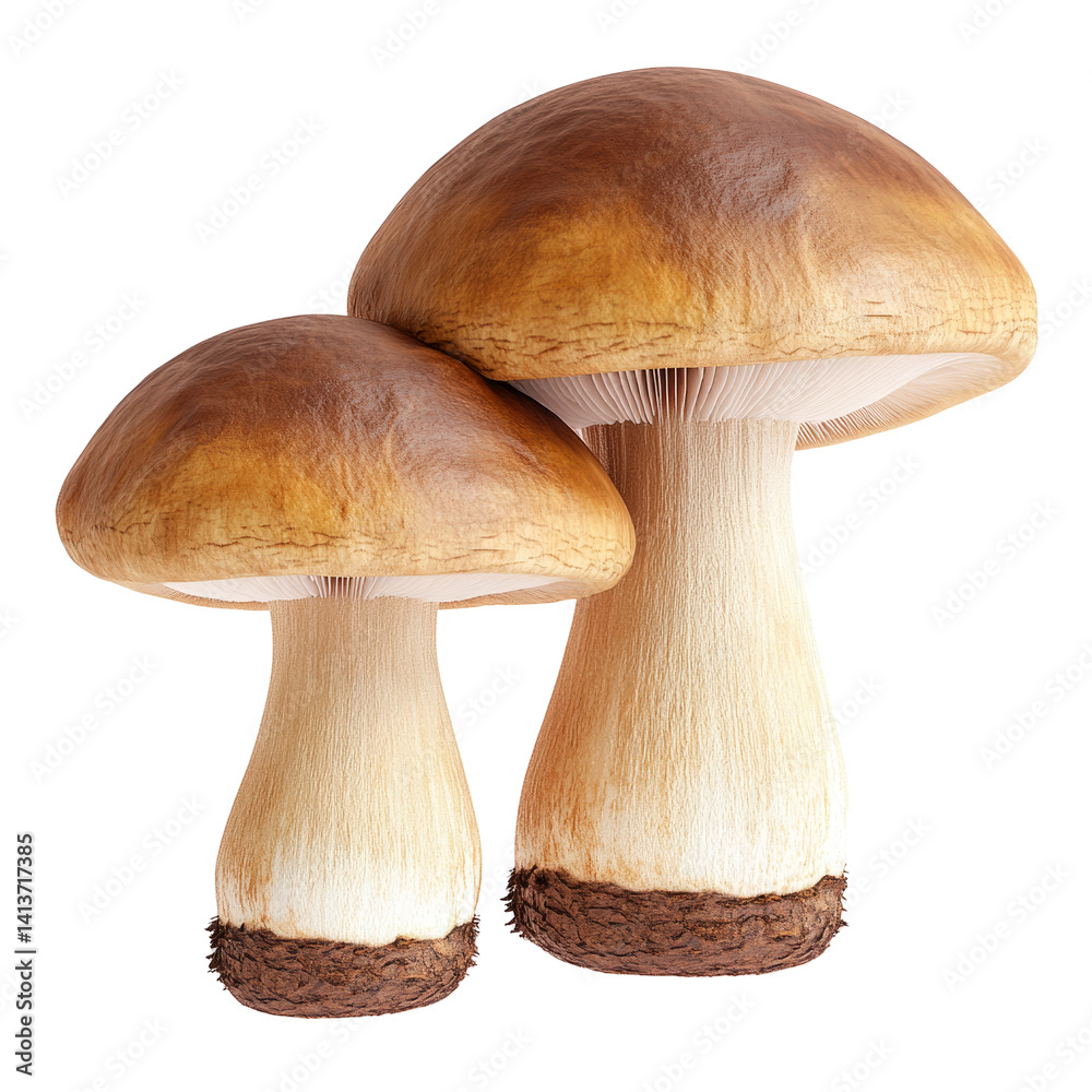 Close-Up Detail of Two Boletus Mushrooms on White Background. Food Photography for Culinary and Nature Themes.
