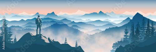 A tourist meets the sunrise in the mountains, hiking, adventure tourism and travel, vector illustration