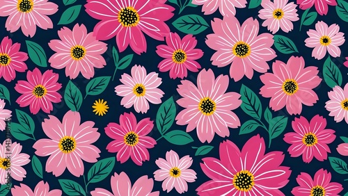Vibrant Pink Floral Pattern on Dark Blue Background for Spring Designs
