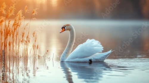 Fototapeta Naklejka Na Ścianę i Meble -  Majestic swan swimming serene lake sunrise fog reeds nature