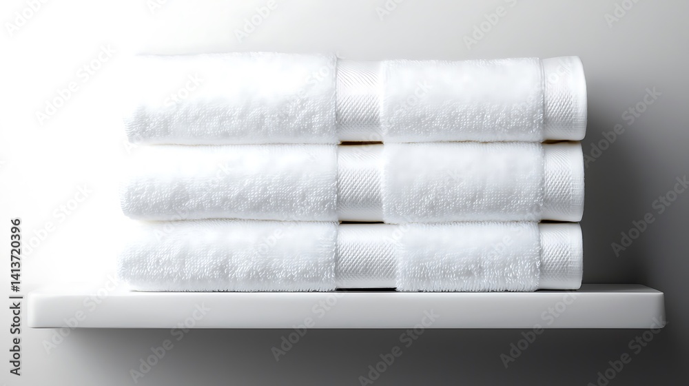 Obraz premium Stacked, fluffy, white towels neatly folded on a clean shelf against a bright background