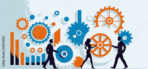 Business_Teamwork_and_Collaboration_Illustration_with_Gears_and_People_Silhouettes_Showcasing_Strategy_Problem_Solving_and_Successful_Partnerships