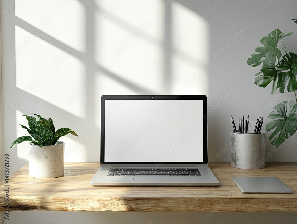 Fototapeta premium Modern Workspace with Laptop, Plants, and Minimalist Decor