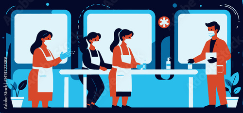 Restaurant Safety Protocols_Staff Wearing Masks and Sanitizing Hands_Ensuring a Clean and Healthy Dining Environment for Customers_COVID 19 Prevention Measures
