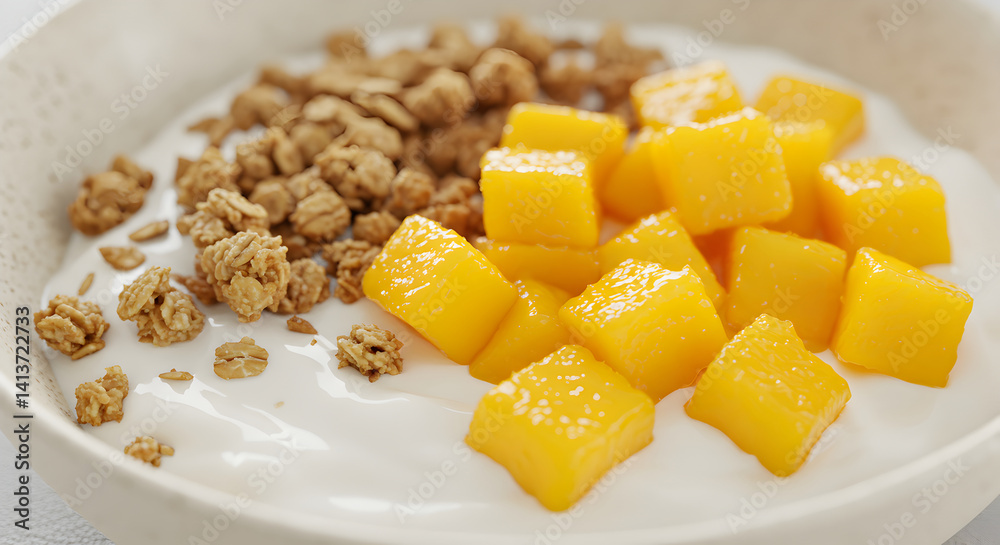 Delightful Bowl Of Yogurt Featuring Fresh Mango And Granola Breakfast Delightful Bowl Of Yogurt Featuring Fresh Mango And Granola Breakfast