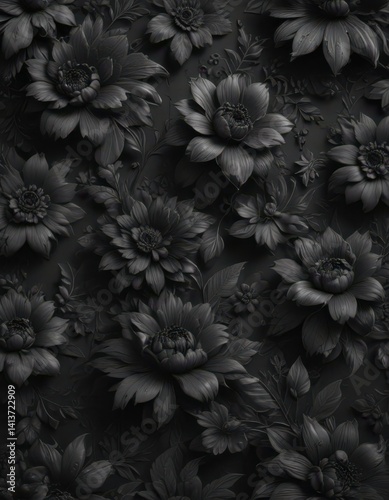 Intricate black charcoal floral wallpaper, elegant texture  , shadow, luxury