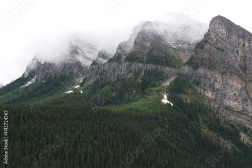 Snow-capped Canadian Rockies seen from Lake Louise, Alberta, Canada