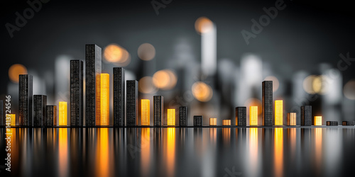 Illuminated skyscrapers rising from reflective surface with city lights blurr...