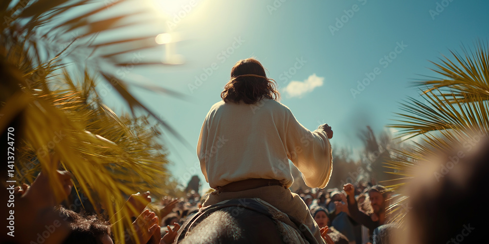 Obraz premium Jesus christ entering jerusalem on a donkey, blessing the crowd