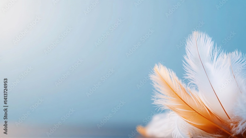 Obraz premium Feathers of various colors lie gently on a smooth surface, bathed in soft natural light reflecting a tranquil atmosphere