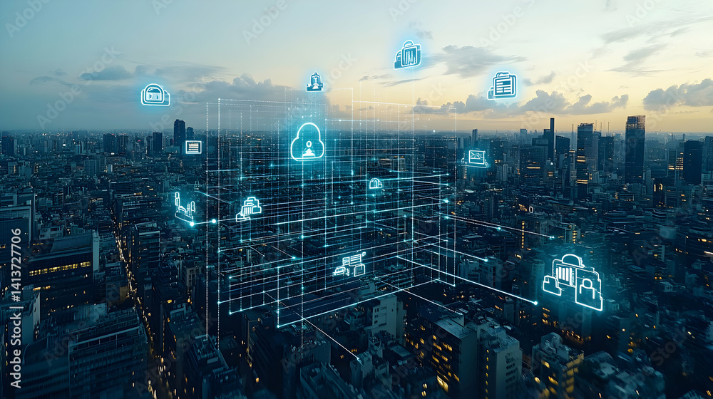 Naklejka premium Futuristic cityscape at dusk with glowing network connections illustrating cloud computing and data transfer.