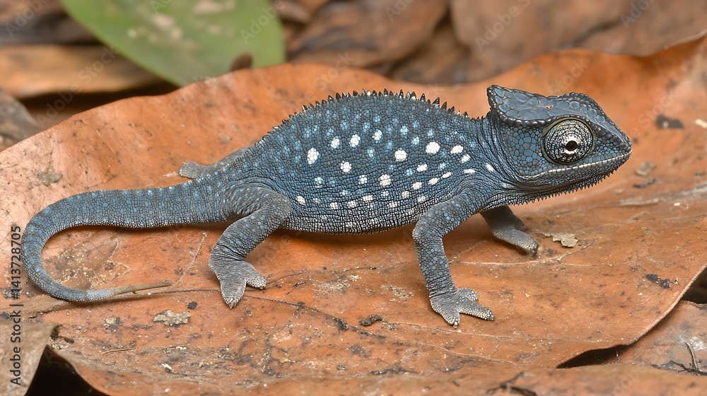 Blue chameleon on forest floor.