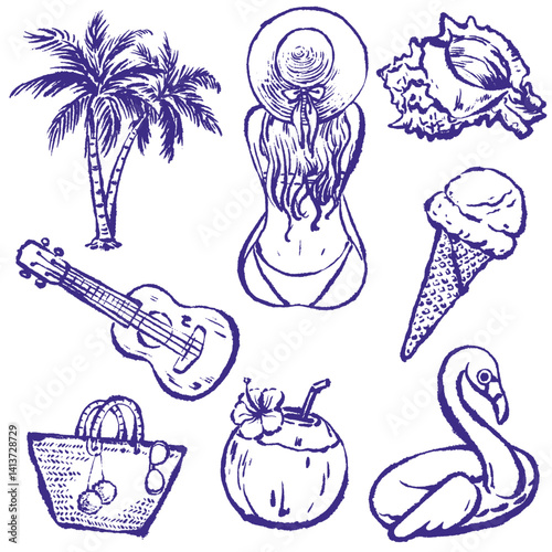 Seamless pattern and clipart of beach travel set hand drawn digital painted, EPS file isolated on transparent background.