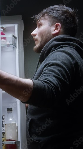 Frustrated Man Searching for Food in Refrigerator and Not Finding What He Wants at Night ,vertical video