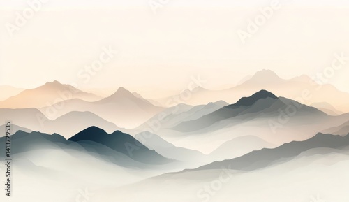 Misty mountain range at sunrise.