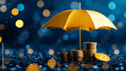 Wallpaper Mural golden umbrella shelters stacks of coins, symbolizing protection and wealth in vibrant, blurred background Torontodigital.ca