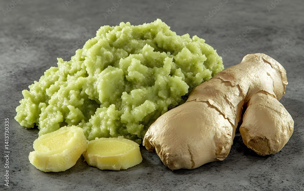 Fototapeta premium Fresh Ginger Paste and Root, Culinary Ingredient Photo