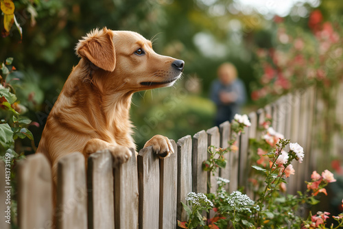 Golden Retriever looking over the wooden fence in the garden, illustration, background