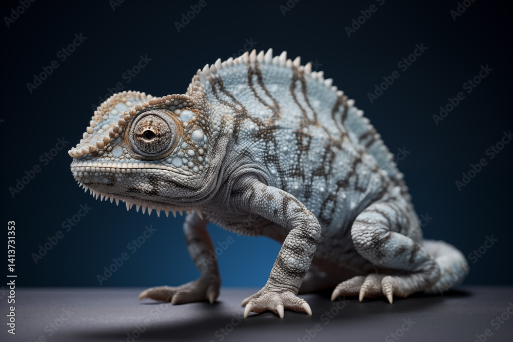 Fototapeta premium Charming Male Chameleon on Dark Surface, Wildlife Portrait for Print and Background, Illustration