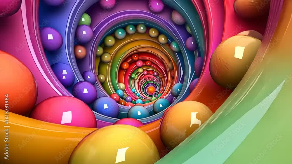 Colorful spiral tunnel with vibrant spheres creating a mesmerizing visual effect