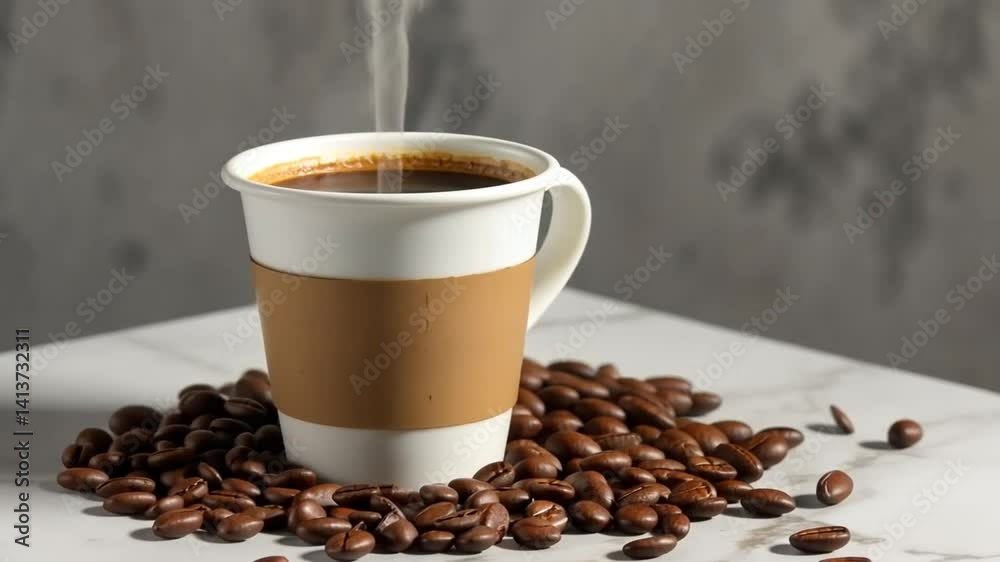Paper cup of coffee with holder surrounded by beans and standing