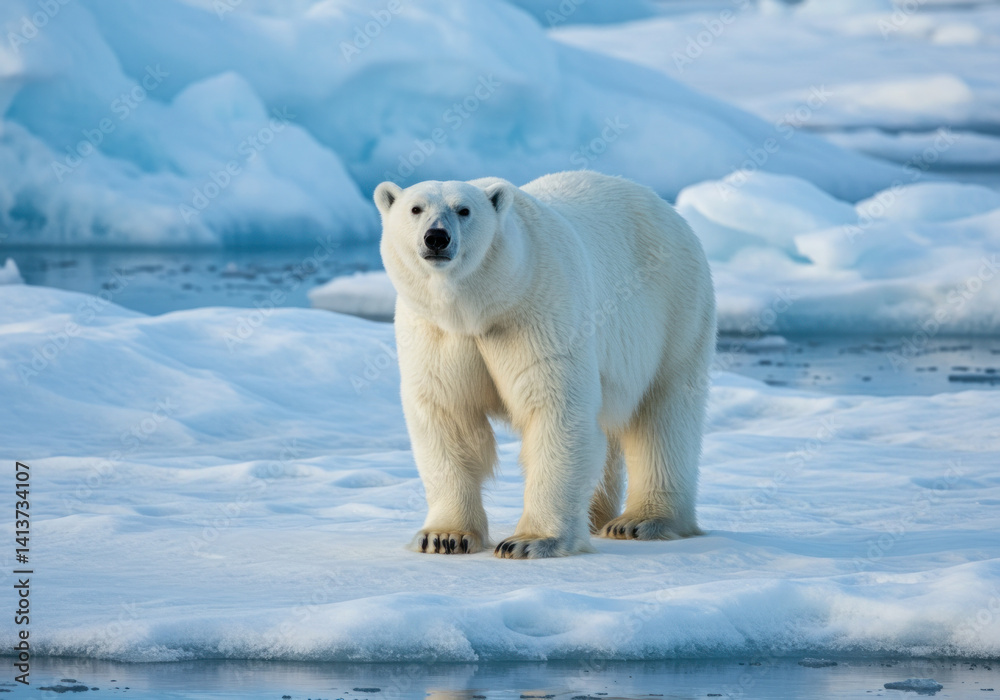 Polar bear standing on iceberg, gazing into the distance with snowy landscape in the backdrop. Polar bear standing on iceberg, gazing into the distance with snowy landscape in the backdrop.