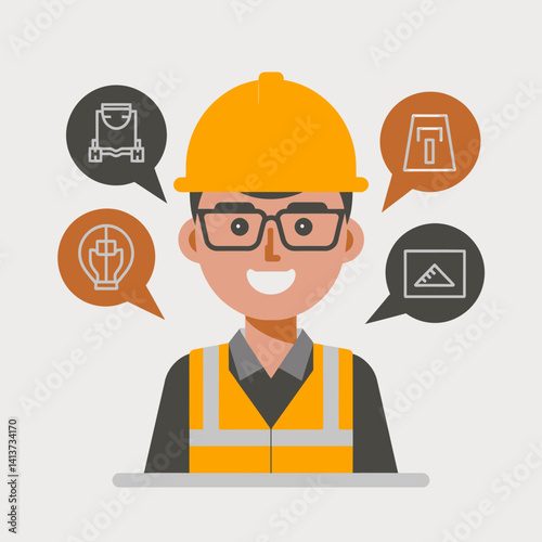 Construction worker with safety helmet and speech bubbles of project ideas