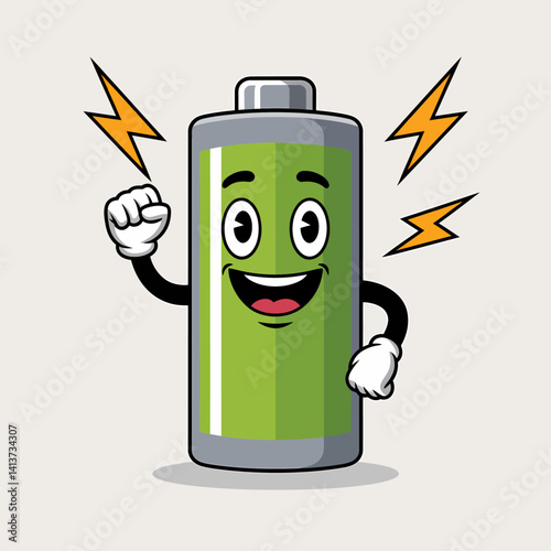 Cheerful Green Battery Cartoon Mascot with Energy Bolts, Power Up!