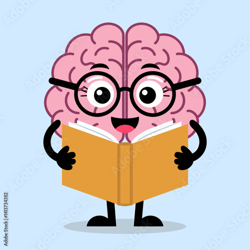 Cute Brain Cartoon Character Reading Book with Glasses for Education Concepts