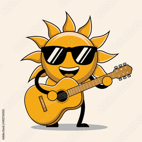 Cartoon Sun Character Playing Guitar with Sunglasses, Summer Vibes