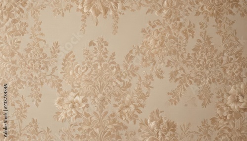 Elegant beige damask fabric with intricate floral details ,  subtle pattern,  seamless pattern