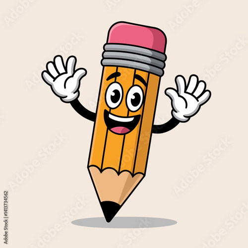 Cheerful Pencil Character Waving Hands, Education, Back to School Vector