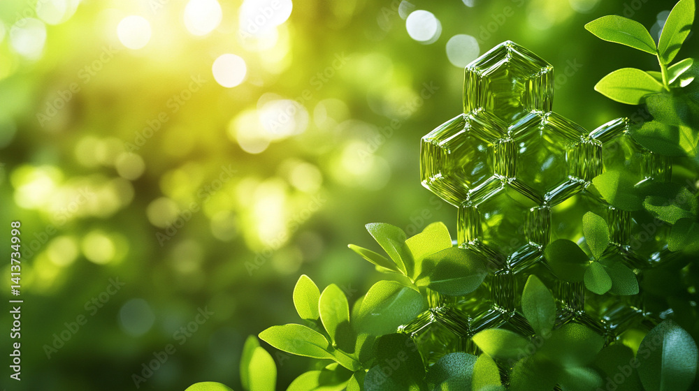 Close up of transparent cellulose cubes over a green trellised abstract background symbolizing sustainability molecular science innovation and eco friendly technology in modern design