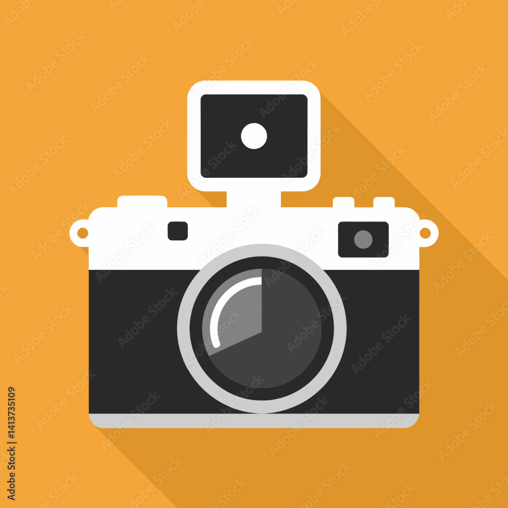 Retro Camera Icon: White & Black Flat Design on Orange Background Retro Camera Icon: White & Black Flat Design on Orange Background