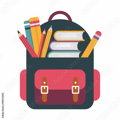 School Backpack Filled with Books and Stationery Supplies - Education Concept