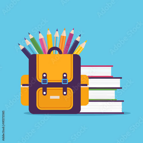 School Backpack with Pencils and Books - Back to School Concept Illustration