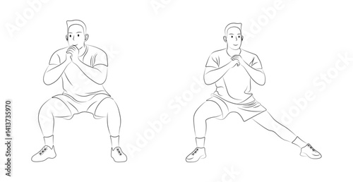 Cardio Workout Pose Outline, Vector Illustration of a Man Doing Squat Exercise.
