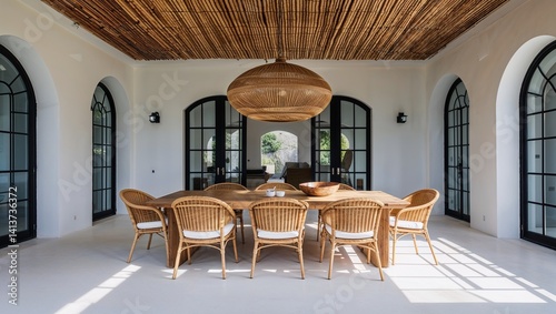 a stylish and modern outdoor dining area with a natural and rustic aesthetic. The layout features a long wooden dining table surrounded by wicker chairs with light cushions, set on a smooth, light-col