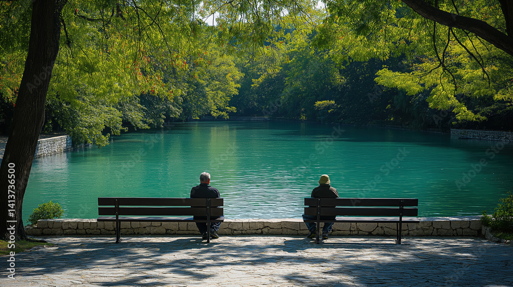 Obraz premium Serene riverside scene with two people sitting on separate benches, enjoying peaceful morning under shade of lush green trees. calm turquoise water reflects tranquility of environment