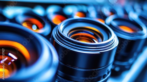 Studio camera lenses close-up, bokeh background, photography equipment, product display photo