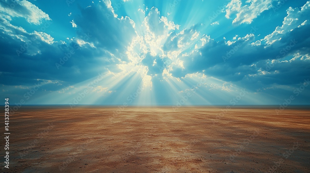 Obraz premium Open landscape with sunrays piercing through a partly cloudy, blue sky