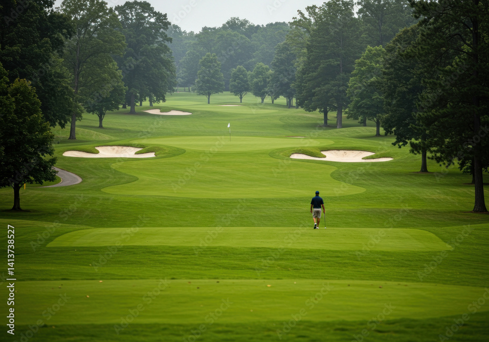 Golfer walking on green at West Virginia country club. Golfer walking on green at West Virginia country club.