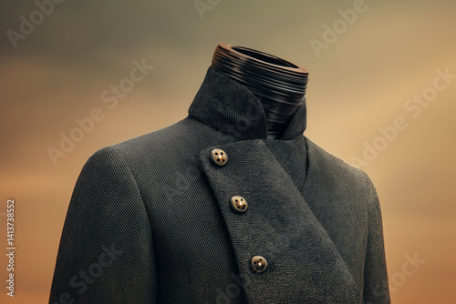 High fashion futuristic overcoat with metallic mechanical neck structure in minimal sunset background